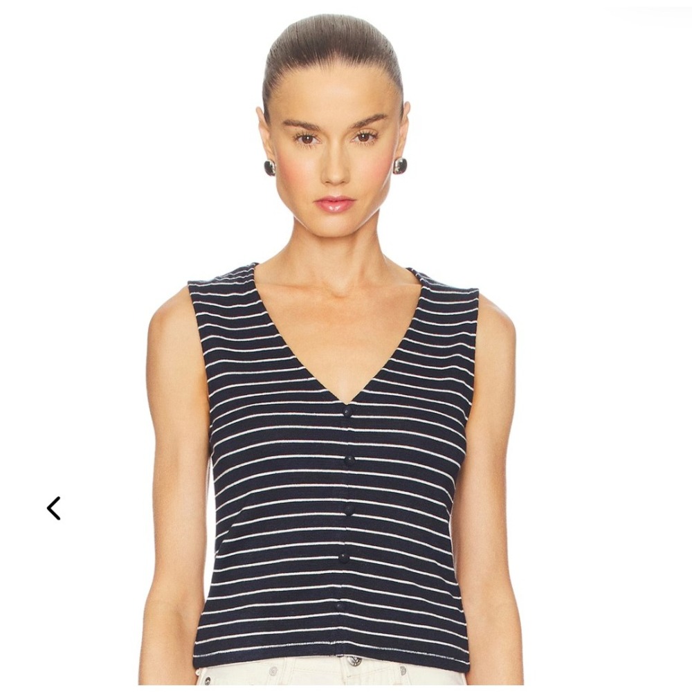 Rag & Bone Navy Blue White Knit Striped V-Neck Sleeveless Button Front Top Small